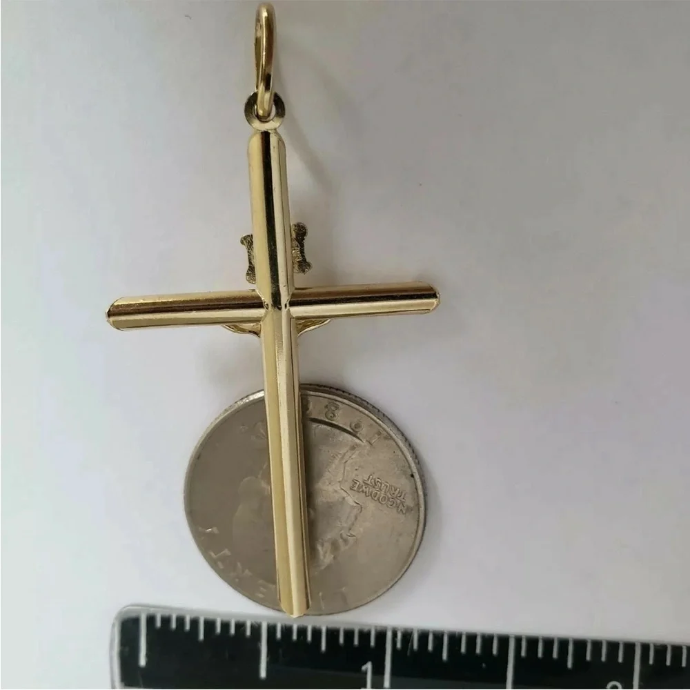 Real 10k Yellow Gold INRI Jesus Crucifix tube Cross Pendant 2.15 inches long